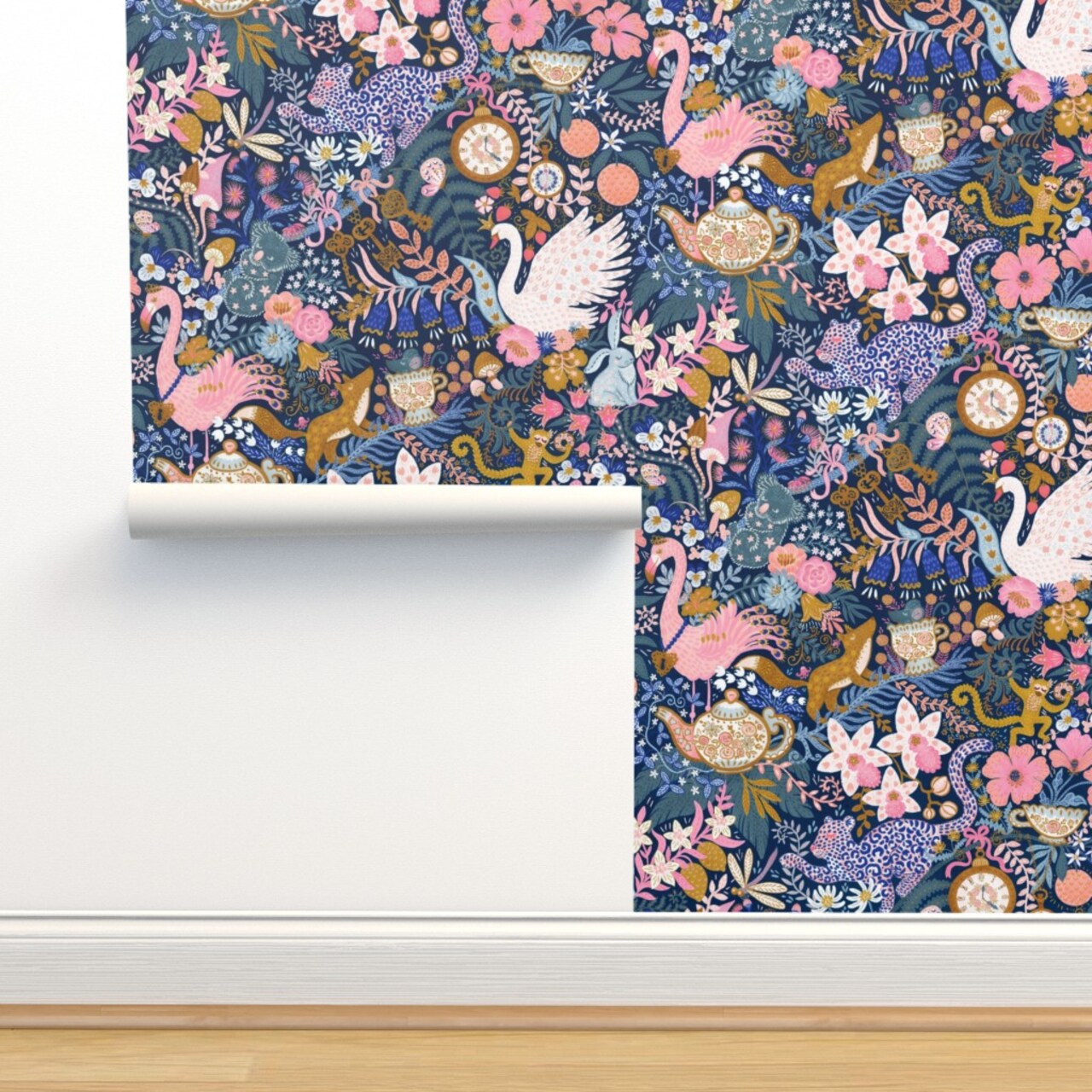 Maximalist Tea Party Whimsical Chintz Pink Purple Mustard Swans And Flamingos Custom Removable Wallpaper by Spoonflower Peel & Stick Wallpaper 2FT Wide